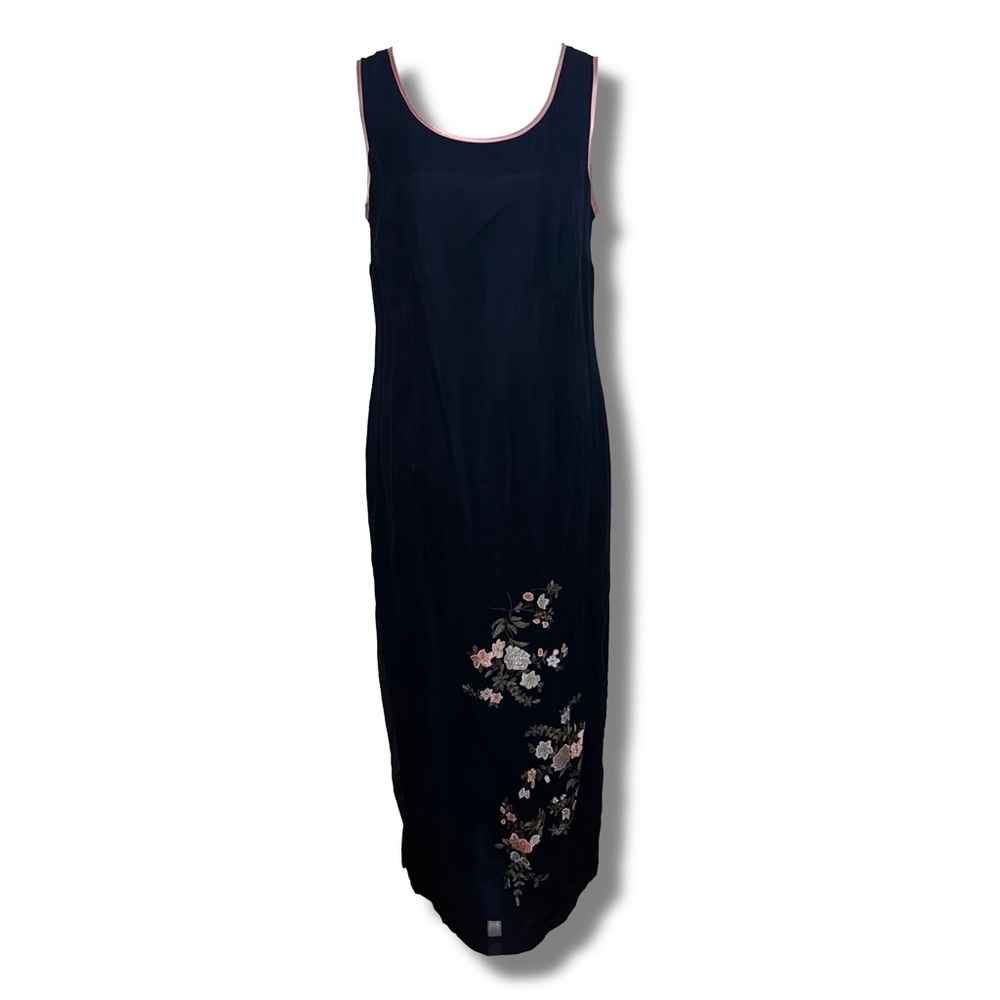 Vtg Blue Silk Floral Embroidered Dress